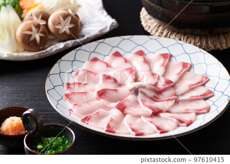 Assorted yellowtail shabu ingredients Assorted yellowtail shabu ingredients 97610415