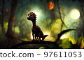 Cinematic scene. Cute little dinosaur in forest landscape. 97611053