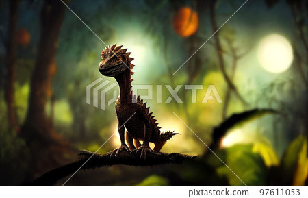 Cinematic scene. Cute little dinosaur in forest landscape. 97611053