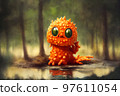 Cute orange monster in Fantasy of woods landscape with swamp. 97611054
