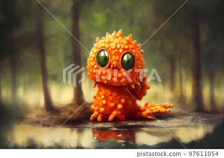Cute orange monster in Fantasy of woods landscape with swamp. Cute orange monster in Fantasy of woods landscape with swamp. 97611054