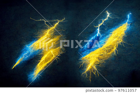 Electric lightning bolt. Energy effect. Bright light flare and sparks. 97611057