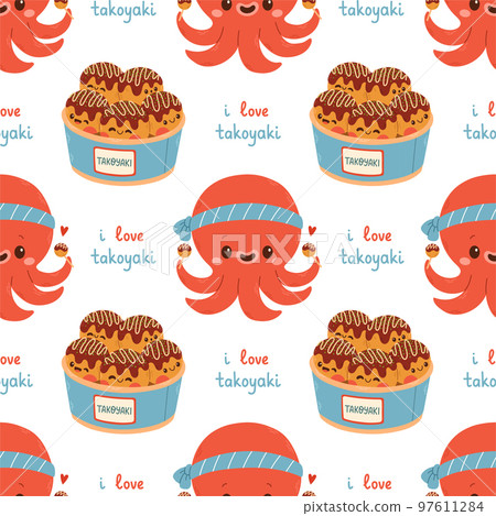Takoyaki seamless pattern vector asian food. Cute takoyaki on white background. Wallpaper Takoyaki seamless pattern vector asian food. Cute takoyaki on white background. Wallpaper 97611284