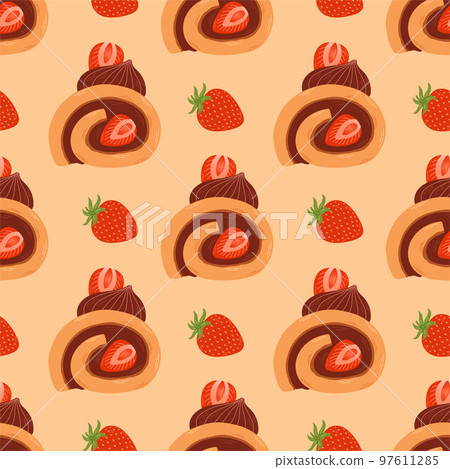Strawberry vanilla chocolate cake roll seamless pattern. Japanese dessert roll. Strawberry vanilla chocolate cake roll seamless pattern. Japanese dessert roll. 97611285