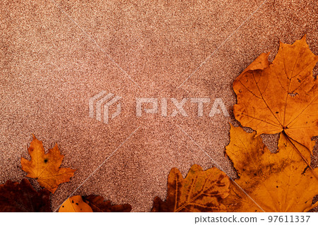 Yellow autumn leaves on a brown background autumn composition Yellow autumn leaves on a brown background autumn composition 97611337