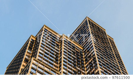 office buildings finance workplace concrete tower skyscraper on blue sky 3D illustration 97611500