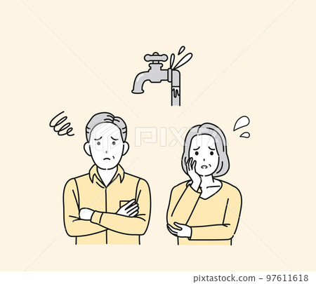 一對中年夫婦的插圖，一個因漏水而困擾的家庭 97611618