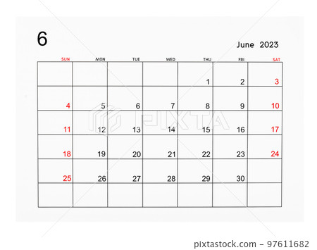 A June 2023 Calendar page isolated on white background, Saved clipping path. 97611682