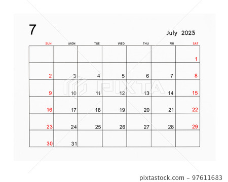 A July 2023 Calendar page isolated on white background, Saved clipping path. A July 2023 Calendar page isolated on white background, Saved clipping path. 97611683