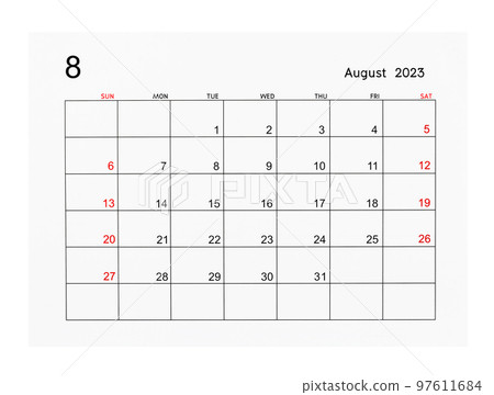A August 2023 Calendar page isolated on white background, Saved clipping path. A August 2023 Calendar page isolated on white background, Saved clipping path. 97611684