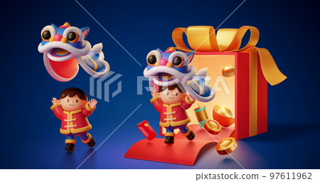3D illustration of cny cute asian child performing lion dance run out from giant dissected giftbox on red carpet followed by coins, gold ingot, red envelope and firecracker decoration. 97611962