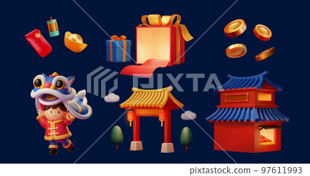 3D illustration of cny elements include asian child performing lion dance, dissected giftbox with red carpet rolling out, coins, gold ingot, red envelope, chinese building and firecracker decoration. 3D illustration of cny elements include asian child performing lion dance, dissected giftbox with red carpet rolling out, coins, gold ingot, red envelope, chinese building and firecracker decoration. 97611993