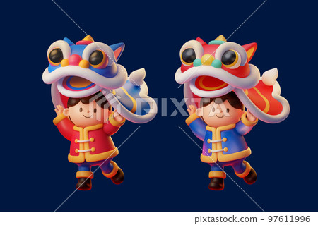 3D illustration of cny cute asian children lifting chinese lion head above head height performing lion dance isolated on indigo background. 3D illustration of cny cute asian children lifting chinese lion head above head height performing lion dance isolated on indigo background. 97611996