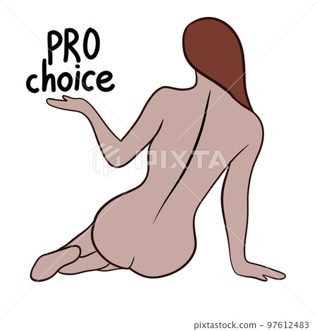 My body my choice hand drawn illustration with woman brown body. Feminism activism concept, reproductive abortion rights, row v wade design. Woman with pro choice words lettering red hair. 97612483
