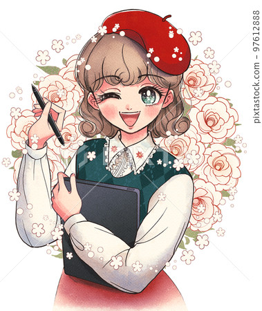 用液體標籤畫的女孩/Emo 女孩卡通風格插圖 97612888