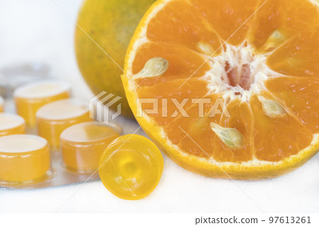 cough sore throat pastille extract orange fruits arrangement flat lay style  97613261