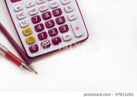 calculator, pen for business work arrangement flat lay style 97613262