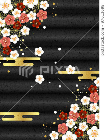 Black Japanese background vertical of plum and hemp leaf pattern corner Black Japanese background vertical of plum and hemp leaf pattern corner 97613698