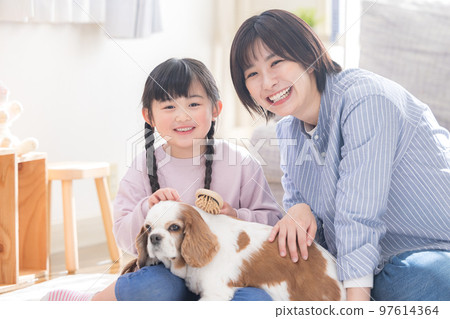 Family A girl and a mother who take care of pets Family A girl and a mother who take care of pets 97614364