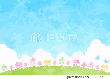 溫暖可愛的春天城市景觀的風景圖 97614406