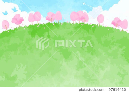 簡單的手繪櫻花樹和藍天風景插畫 97614410