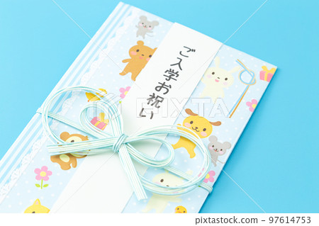 School entrance celebration gift envelope light blue background 97614753