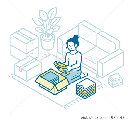 A woman who puts her clothes into a cardboard box 97614803