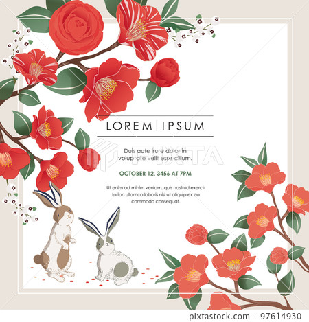 Vector illustration of rabbits under camellia trees. 2023 the year of the rabbit. New Year's Illustration. Design for invitation card, poster, brochure, web design and print project Vector illustration of rabbits under camellia trees. 2023 the year of the rabbit. New Year's Illustration. Design for invitation card, poster, brochure, web design and print project 97614930