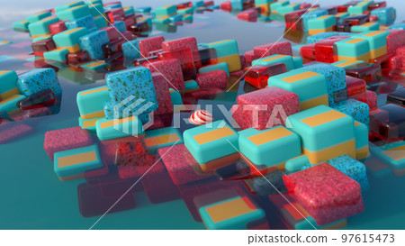 3d render of cube shapes chaotically twisted. Abstract bright background with tubes geometry. 3d render 97615473