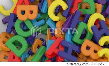 Alphabet letters on plain background. Plastic alphabet letters on white background. Rainbow colors. 3D illustration. 3D rendering 97615475