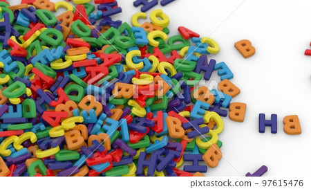 Alphabet letters on plain background. Plastic alphabet letters on white background. Rainbow colors. 3D illustration. 3D rendering Alphabet letters on plain background. Plastic alphabet letters on white background. Rainbow colors. 3D illustration. 3D rendering 97615476