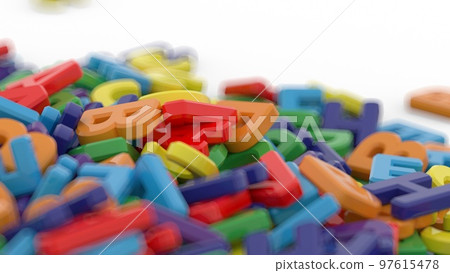 Alphabet letters on plain background. Plastic alphabet letters on white background. Rainbow colors. 3D illustration. 3D rendering 97615478