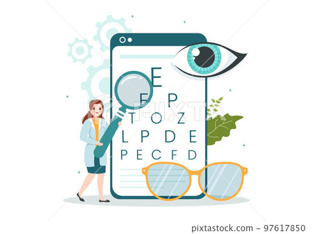 Optometrist with Ophthalmologist Checks Patient Sight, Optical Eye Test and Spectacles Technology in Flat Cartoon Hand Drawn Templates Illustration 97617850