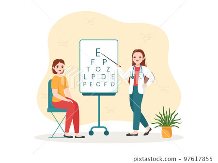 Optometrist with Ophthalmologist Checks Patient Sight, Optical Eye Test and Spectacles Technology in Flat Cartoon Hand Drawn Templates Illustration 97617855