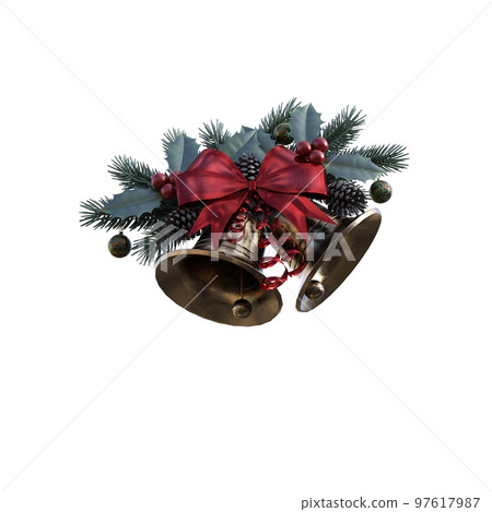 Christmas bells hanging with ribbon, berries, decoration as overlay for greeting and postcard making. 3d rendering-illustration. 97617987