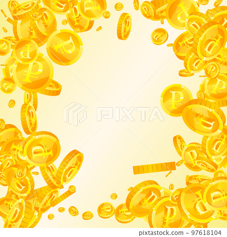 Russian ruble coins falling. Scattered gold RUB coins. Russia money. Great business success concept. Square vector illustration. 97618104