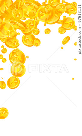 Chinese yuan coins falling. Scattered gold CNY coins. China money. Great business success concept. Vector illustration. 97618111