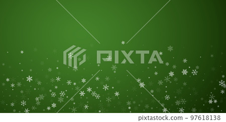 Beautiful snowfall christmas background. Subtle flying snow flakes and stars on christmas green background. Beautiful snowfall overlay template. Wide vector illustration. 97618138