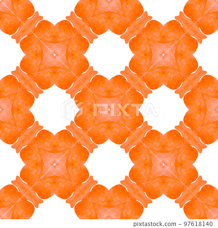 Textile ready amusing print, swimwear fabric, wallpaper, wrapping. Orange symmetrical boho chic summer design. Repeating striped hand drawn border. Striped hand drawn design. 97618140