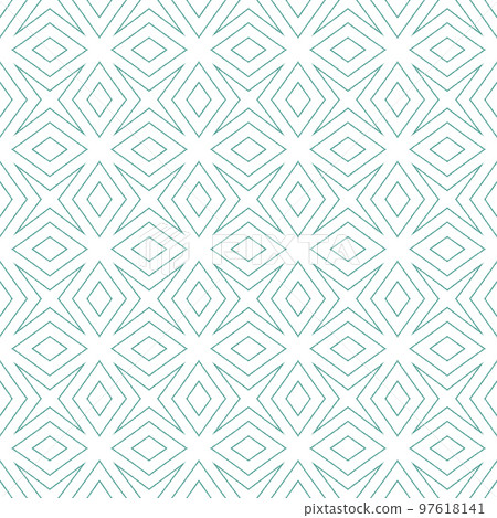 Ikat repeating swimwear design. Turquoise symmetrical kaleidoscope background. Summer ikat sweamwear pattern. Textile ready artistic print, swimwear fabric, wallpaper, wrapping. Ikat repeating swimwear design. Turquoise symmetrical kaleidoscope background. Summer ikat sweamwear pattern. Textile ready artistic print, swimwear fabric, wallpaper, wrapping. 97618141