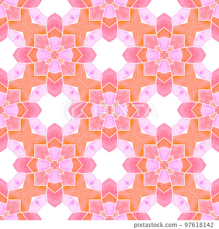 Ikat repeating swimwear design. Orange interesting boho chic summer design. Textile ready creative print, swimwear fabric, wallpaper, wrapping. Watercolor ikat repeating tile border. 97618142