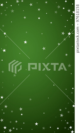 Snowy christmas background. Subtle flying snow flakes and stars on christmas green background. Delicate sweet snowy christmas. Vertical vector illustration. Snowy christmas background. Subtle flying snow flakes and stars on christmas green background. Delicate sweet snowy christmas. Vertical vector illustration. 97618158