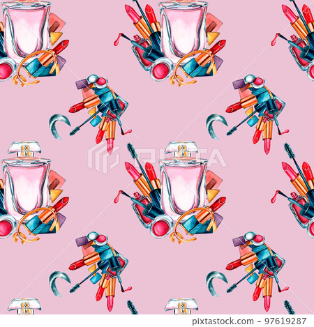 Make up cosmetic, perfume watercolor seamless pattern isolated on pink background. 97619287
