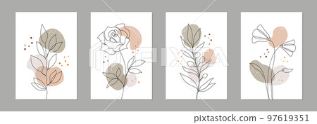 One line art flower poster set. Single continuous line leaf, flower minimal design background. Botanical abstract art for print, wallpaper 97619351