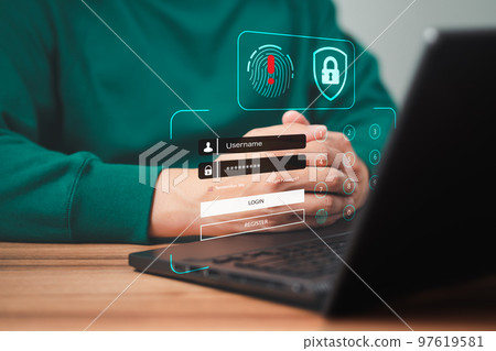 Man typing login and password, cyber security concept, Secure encryption and access to the user's private information to access the Internet. Exclamation mark. Man typing login and password, cyber security concept, Secure encryption and access to the user's private information to access the Internet. Exclamation mark. 97619581
