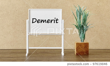 Miniature whiteboard with Demerit letters and foliage plants_cork background Miniature whiteboard with Demerit letters and foliage plants_cork background 97619846