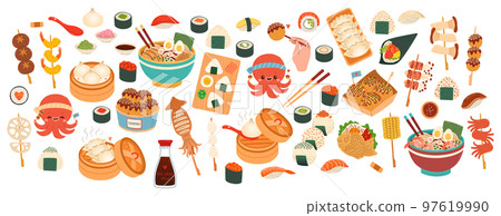 Big set of Japanese Food. Vector for stickers, postcards, notebook. japanese cafe, bar, restaurant 97619990