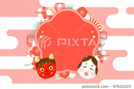 Red ogre, Otafuku, Plum setsubun day vector frame illustration_vermilion salmon pink_no text 97620203