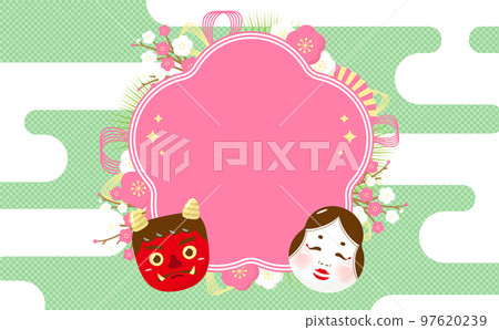 紅色惡魔、Otafuku、梅花 Setsubun Day_Green Pink_No text 的矢量框架插圖 97620239