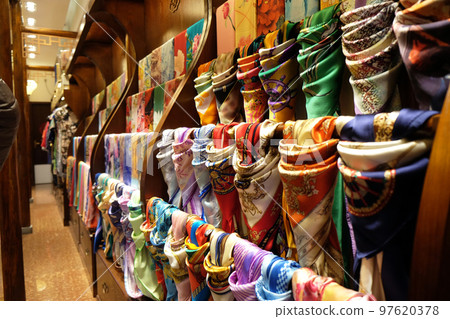 Silk scarves for sale at silk shop in Hangzhou city, China 97620378